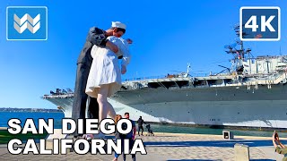 [4K] Downtown San Diego, California USA - Walking Tour of Seaport Village, USS Midway, Embarcadero 🎧