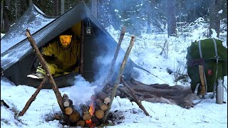 Winter Solo Overnight - Vintage Canvas Tent - Extreme Cold -  Self Feeding Long Fire - Woodsman Meal