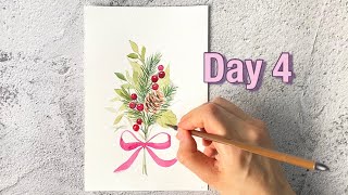 Day 4 | Berries & Pine Cone | Easy Watercolor Christmas Cards For Beginners