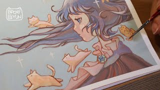 Paint with me_Gouache painting_Dawn and cat faires_Art print test