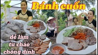 Tự làm bánh cuốn bằng chảo chống dính đãi bé hân biết phụ mẹ trồng dưa leo, tưởng khó ai ngờ quá dễ.