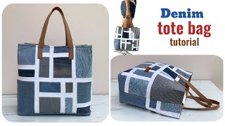 Sewing diy denim patchwork tote bag from scrap old jeans,denim shopping bag tutorial ,jeans bag diy