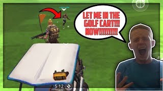 14 year old kid rages right after he gets off the golf cart in fortnite...