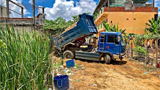 New project!! Filling Land by Bulldozer KOMAT'SU D20P pushing soil with 5ton Trucks