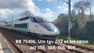 Spot en bretagne#233, BB 75406, Um tgv 2n2 et les rame atl 358, 364, 366, 405