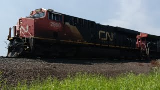 CN Intermodal train with a 100th anniversary unit in Oliver Wisconsin.