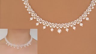 Classic White Pearl and Crystal Beaded Necklace. DIY Wedding Jewelry. Beading Tutorial 白珍珠串珠项链