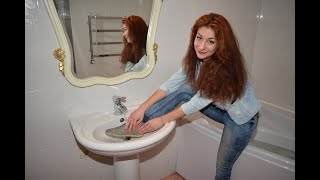 girl in wet denim outfit