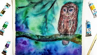 Owl in a Forest Watercolor Illustration - Painting Ideas For Beginners