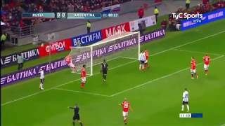 Messi chip on goal denied by Russian defender Rausch