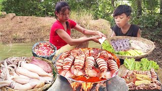 How to cook tasty Octopus using spicy recipe for jungle yummy with my brother