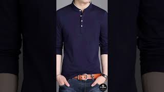 Mens Long Sleeve Solid Color Stand Collar Henley Pullover Top - Soft Medium Stretch Polyester .