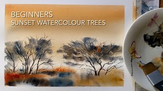 Beginners LOOSE MISTY SUNSET TREES WATERCOLOR Landscape, Watercolour PAINTING Techniques Tutorial