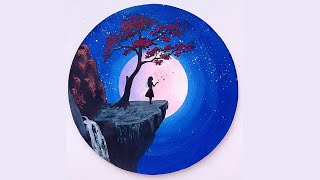 A girl with Butterflies in Moonlight || Moonlit night scenery painting tutorial for beginners ||Art