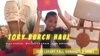 Women's Fall Luxury Handbag Collection Tory Burch Haul 2021 Ella Canvas | Walker Wallet| Espadrilles