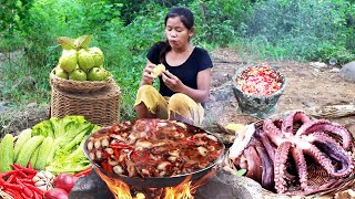 Survival cooking in forest- Cooking spicy Octopus salad for dinner