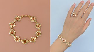 DIY Elegant Beaded Bracelet and Beaded Ring Set with Pearls and Crystal Bicones Beads.