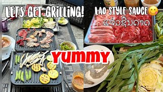 GRILLING TIME! Dining Al Fresco Grill Meat and Veggies w/ Yummy Dipping Sauce ແຈ່ວຊີ້ນດາດ หมูกระทะ