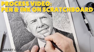 Process of Drawing Jimmy Carter with Pen and Ink on Scratchboard