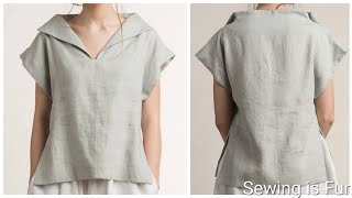 DIY easy Linen Blouse / Boxy linen Top + Sewing Pattern, How to make loose Top, Collar tutorial #sew