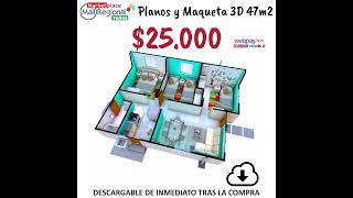 Código: 0ad4c Planos y Maqueta 3D de Casa Aurora 47,70 m2 Descargable - MallRegional.cl