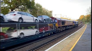 Class 66 car train passing Sandling with horn - DB 6X11 working Toton North Yard to Dollands Moor