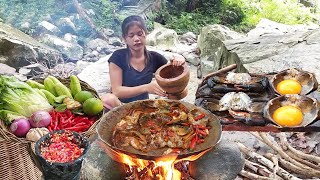 Catch crab in waterfall for food, Crab soup tasty and Chicken spicy curry Eating delicious, +4 Video