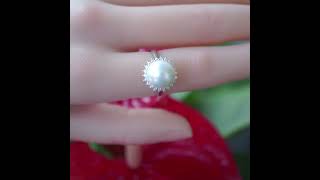 Dainty halo freshwater pearl ring with cubic zirconias