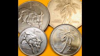 Pilipinas 2 Piso and 1 Piso Mania!  Large and Small Bulls and Palms -  Not Rare - Real - Philippines