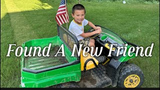 Cutting our overgrown grass and playing with a caterpillar