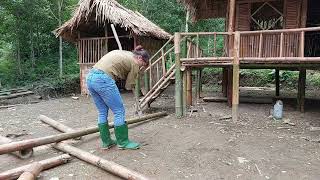 Skills to build porch floors for the house - Green forest life, building house, build log cabin