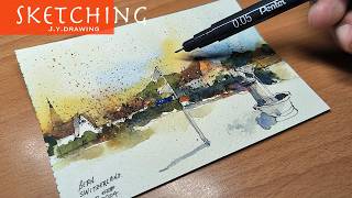 Village Drawing with Simple Watercolor | Easy Sketching and Painting for Beginners