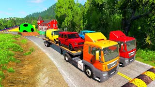 Double Flatbed Trailer Truck vs Speedbumps Train vs Cars | Tractor vs Train Beamng.Drive 02