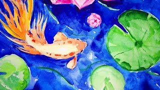 Relaxing Watercolor Painting - Lotus Flower and Fish Illustration