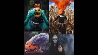 Halloween photography ideas using smoke bombs in pumpkins