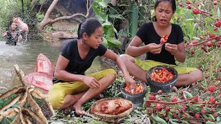 Cooking cassava, Catch Red fish in River, Sour Flower, Guava fruit & bamboo shoot for food in jungle