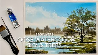 Beginners WATERCOLOR SUMMER SKY Landscape, Loose TREES Watercolour PAINTING Techniques Tutorial DEMO