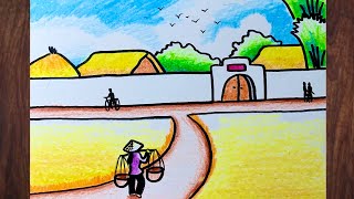 Vẽ tranh phong cảnh ĐỀ TÀI QUÊ HƯƠNG | how to draw easy scenery #vetranh #vetranhphongcanh