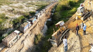 Wonderful Many Big Dump Truck Traffic Jam Wait Unloading Because Bulldozer Gone Fail Of Road