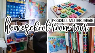 Minimal HOMESCHOOL Room Tour | Small Space Third Grade & Preschool Homeschool Organization Fall 2020