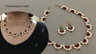 How to make pearl petal necklace/Rondelle fan necklace set tutorial/Beaded necklace-earrings making