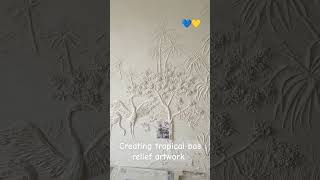 Beautiful tropical artwork. Bas relief botanical with palm and Flamingo . Барельєф Україна Вінниця