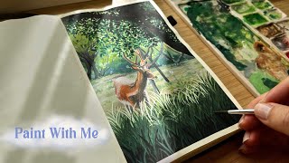 Gouache and Watercolor Forest Landscape Painting / Paint With Me 🦌🍀