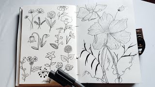 Easy and Simple Doodle Drawing with Black Pen / Different Types of Flowers Drawing/Cute Art tutorial