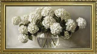 VINTAGE FRAME TV ART WHITE FLORAL HYDRANGEAS TV SCREENSAVER WALLPAPER BACKGROUND OIL PAINTING DECOR