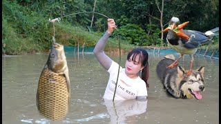 Harvesting fish. Caught a large catch of fish in the pond to sell. Peaceful life