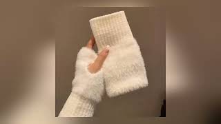 Mink Fleece Soft Winter Half Finger Gloves Women Warm Luxury Solid White Plush Knitted Fingerless