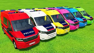 POLICE CARS OF COLORS ! TRANSPORTING COLORED POLICE MINI BUS WITH TRUCKS ! Farming Simulator 22