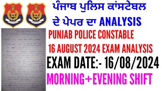 Punjab police constable 16 August 2024 exam analysis | Punjab police constable exam analysis 2024