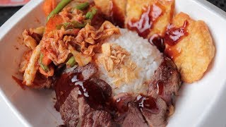 Rice Bowl Filled with Combo of Beef Steak and Fish Katsu